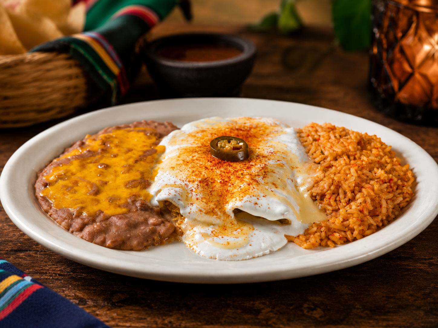 Trujillo’s chicken enchilada dinner with rice and refried beans