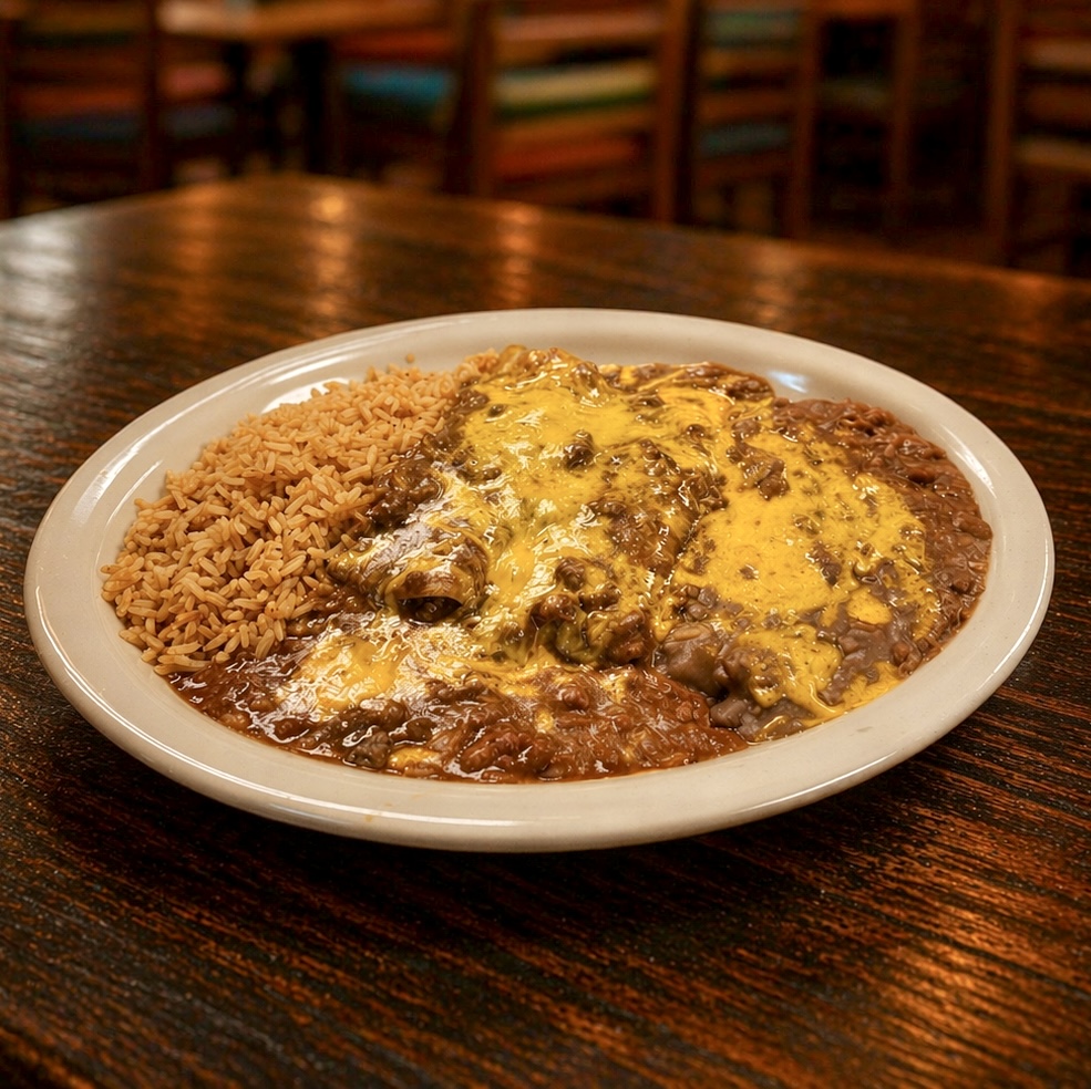 Trujillo’s enchilada dinner with rice and refried beans