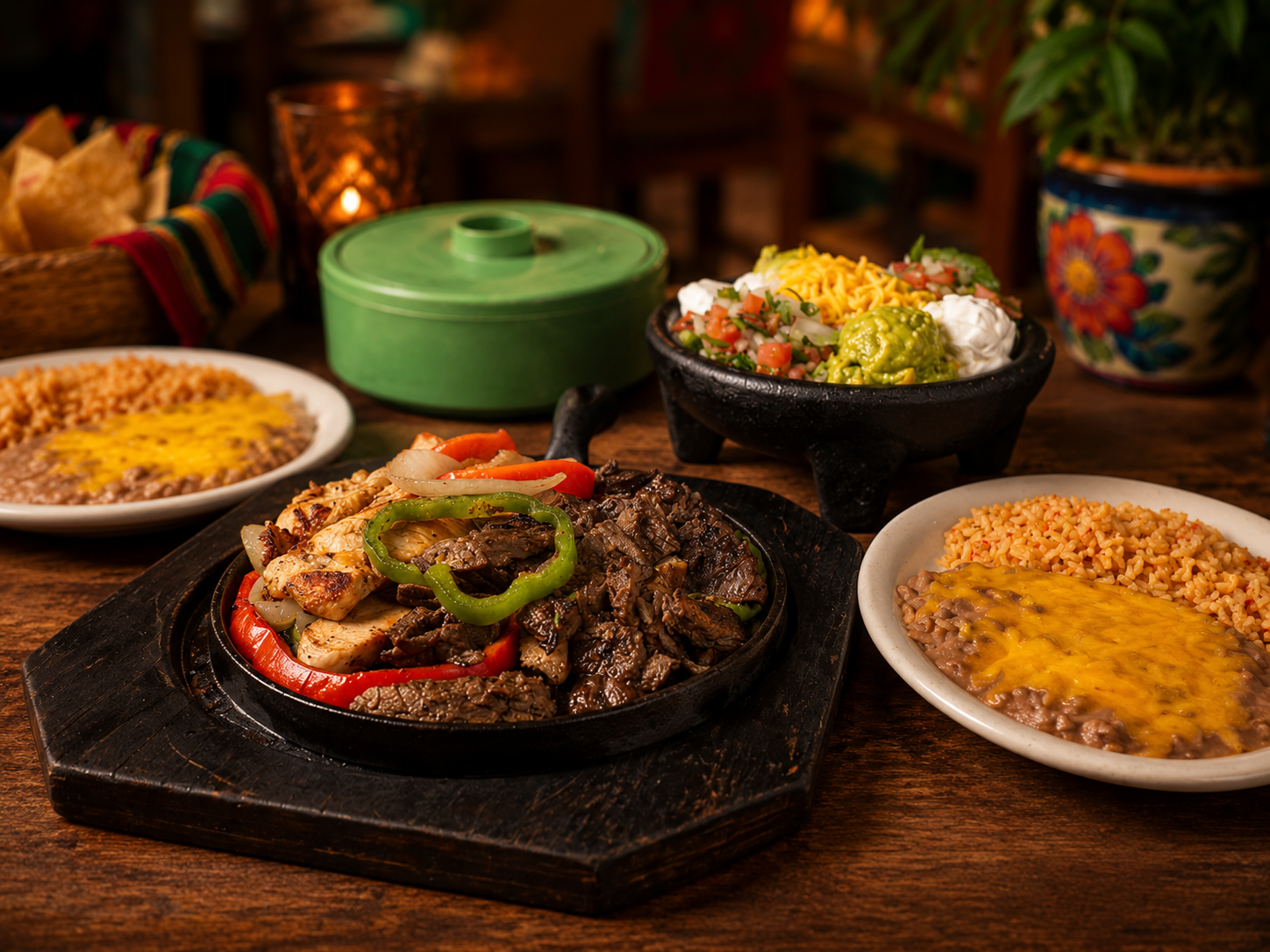 Trujillo’s fajitas with rice, beans, queso, and guacamole