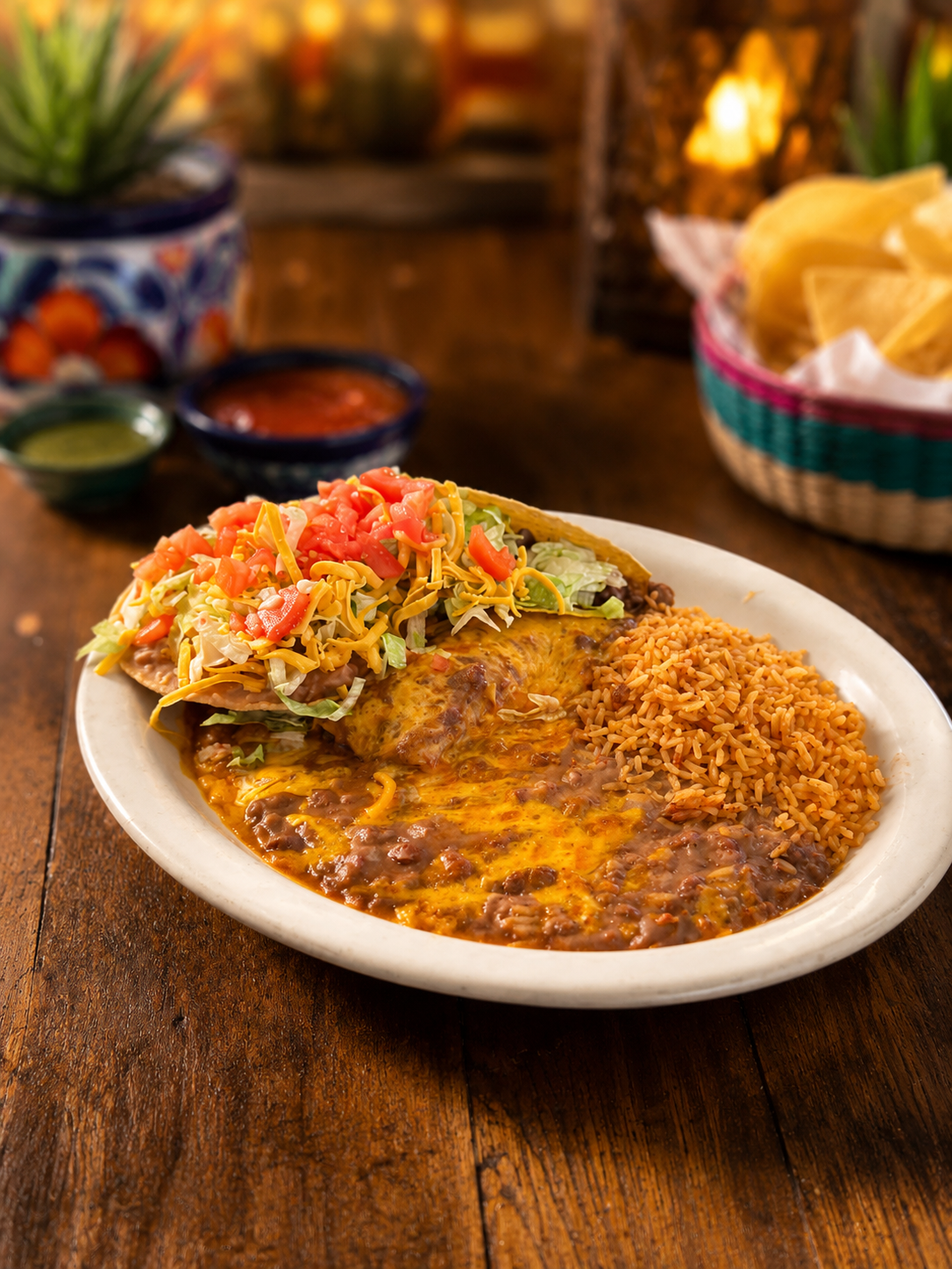 Trujillo’s Pepe Dinner with taco, enchilada, chalupa, rice, and beans