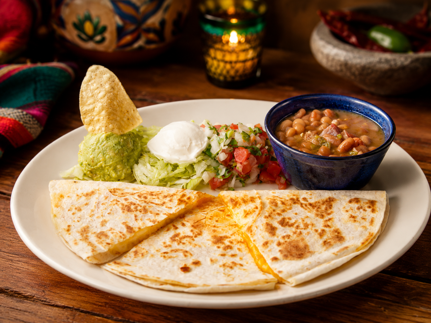 Trujillo’s quesadilla plate with guacamole, pico, beans, and rice